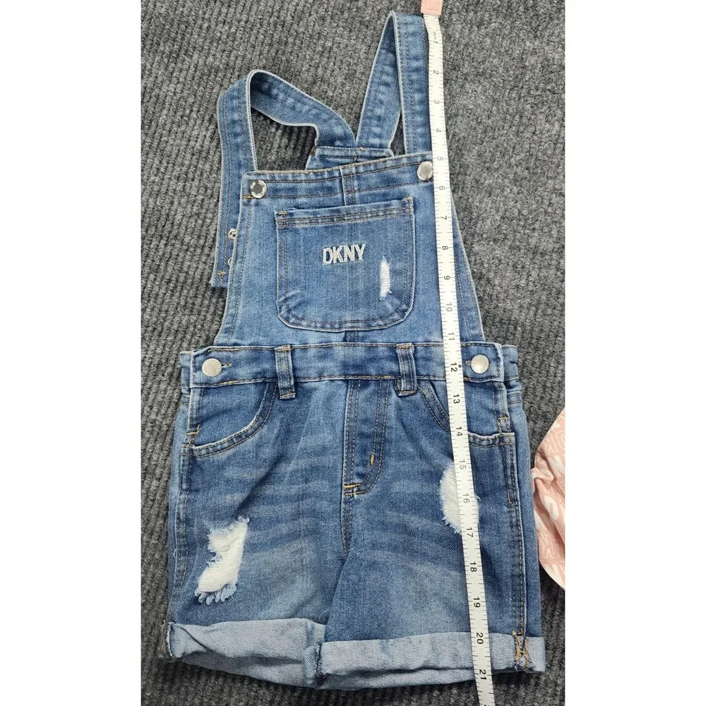 DKNY Overall Denim Jean Shorts with Pink "DKNY" logo top Girls Size 4 - Picture 10 of 15